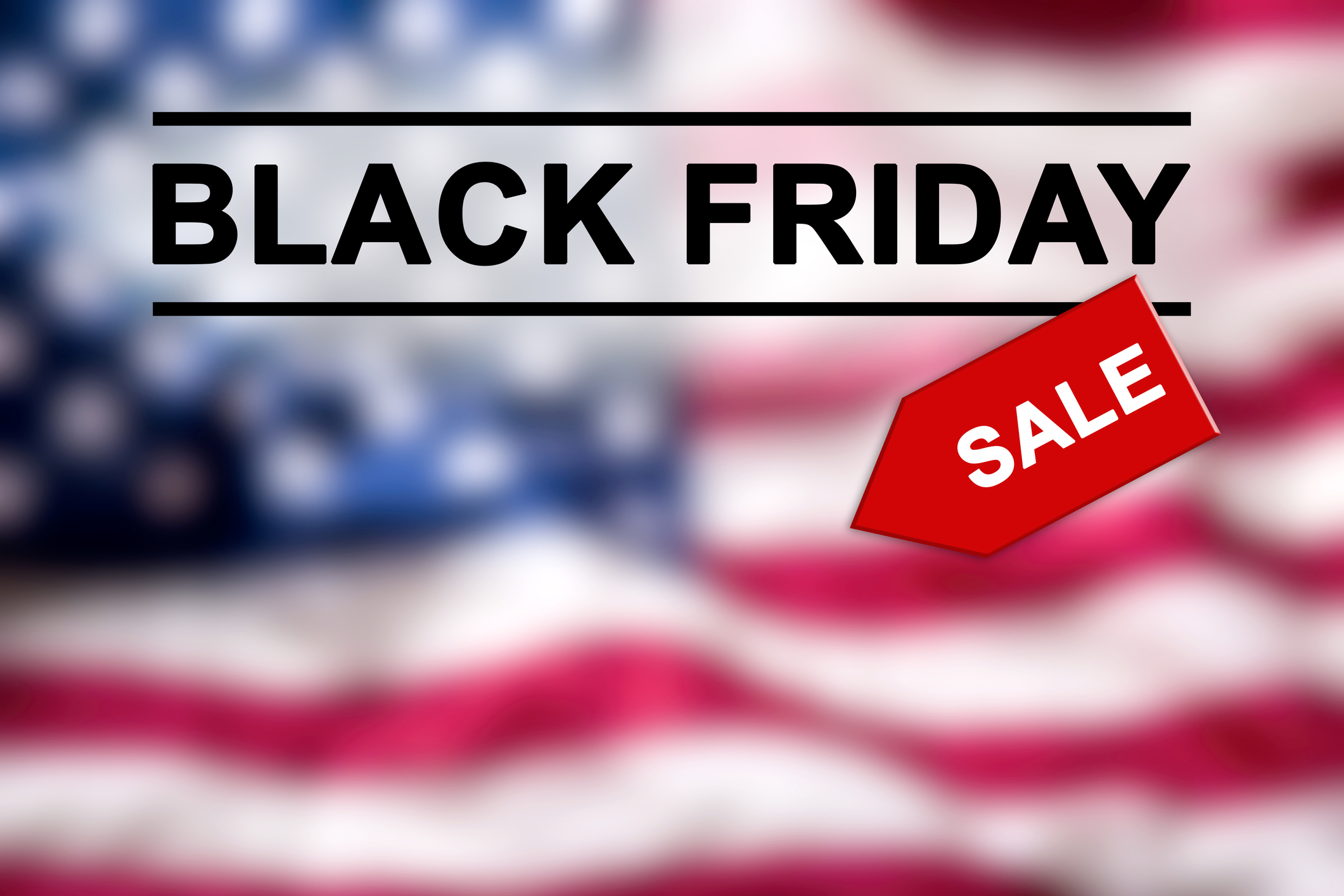 Black Friday sale text on blurred USA flag