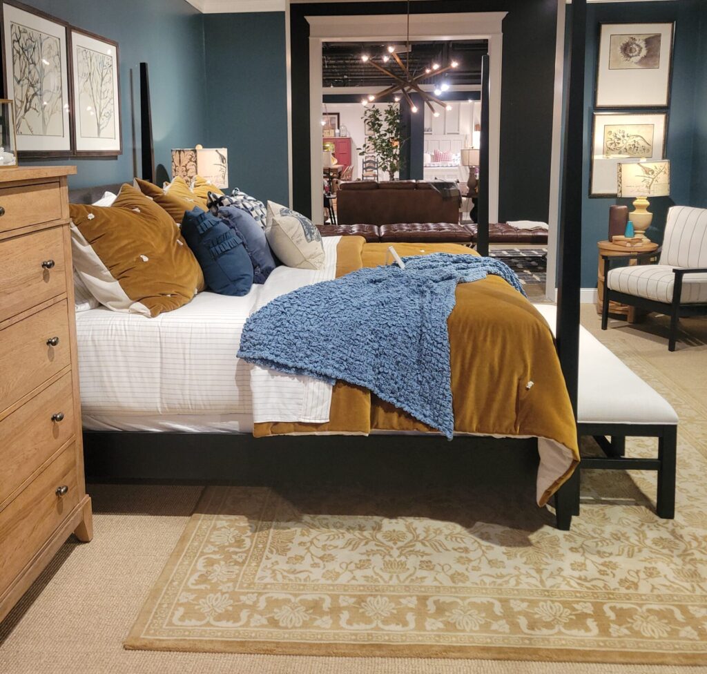 Bedroom set with neutrals and blue accents