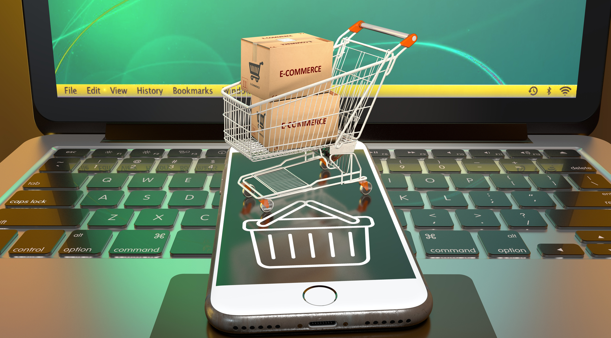 3D rendered laptop with mobile phone and small shopping cart filled with boxes labeled e-commerce.