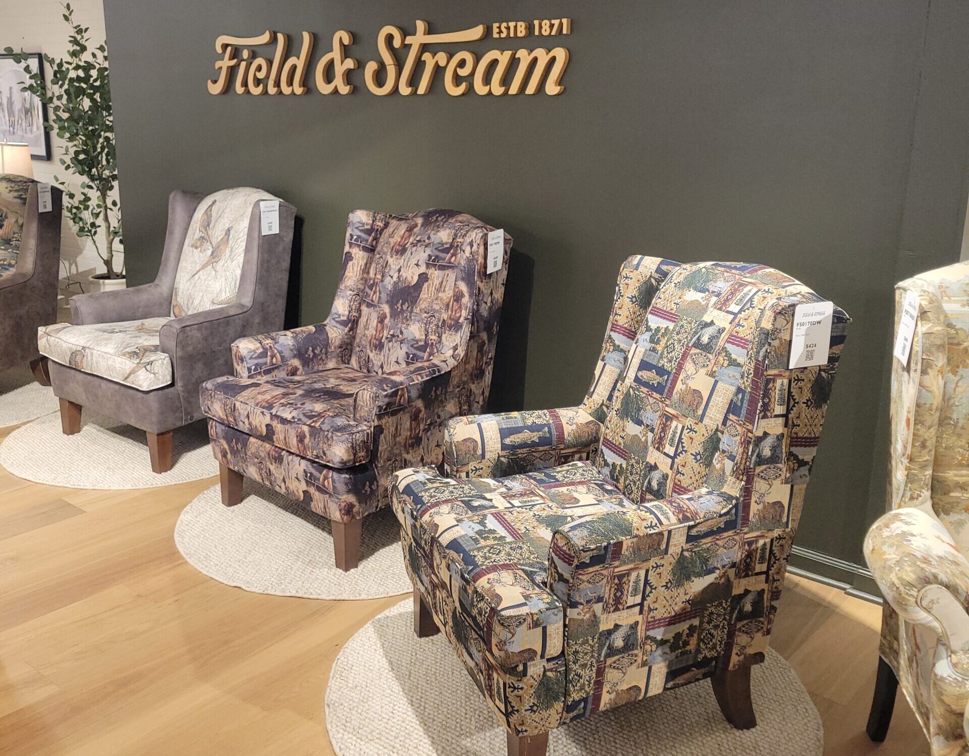 Field & Stream branded chairs in a showroom