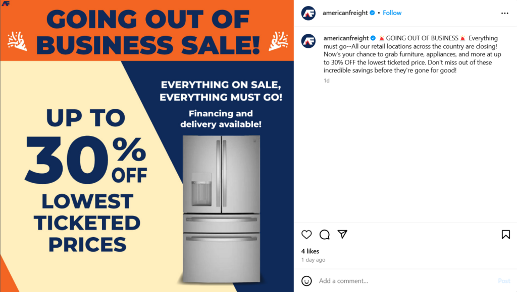 American Freight Instagram post about going out of business