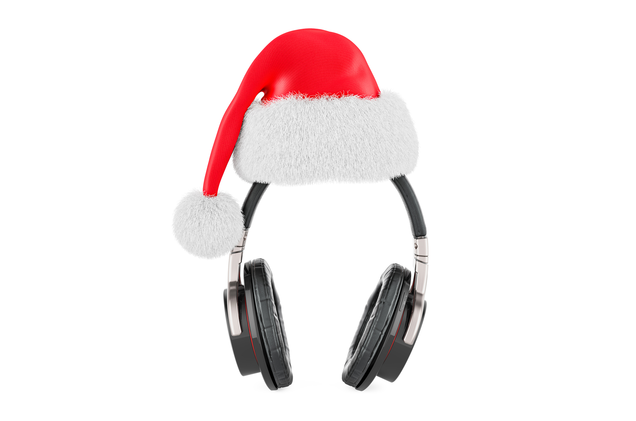 Wireless Headphones with Christmas Santa hat. 3D rendering