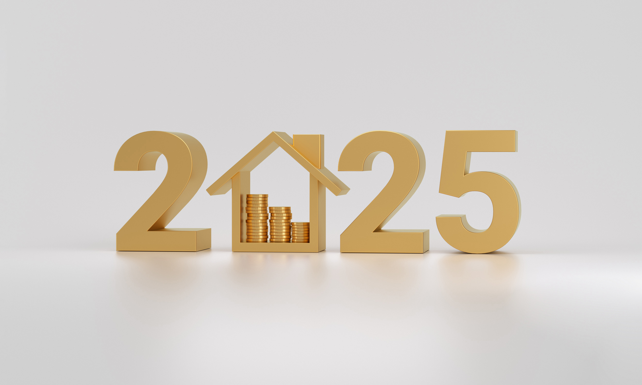 2025 Real Estate Investment Concept with Gold Coins and House Icon