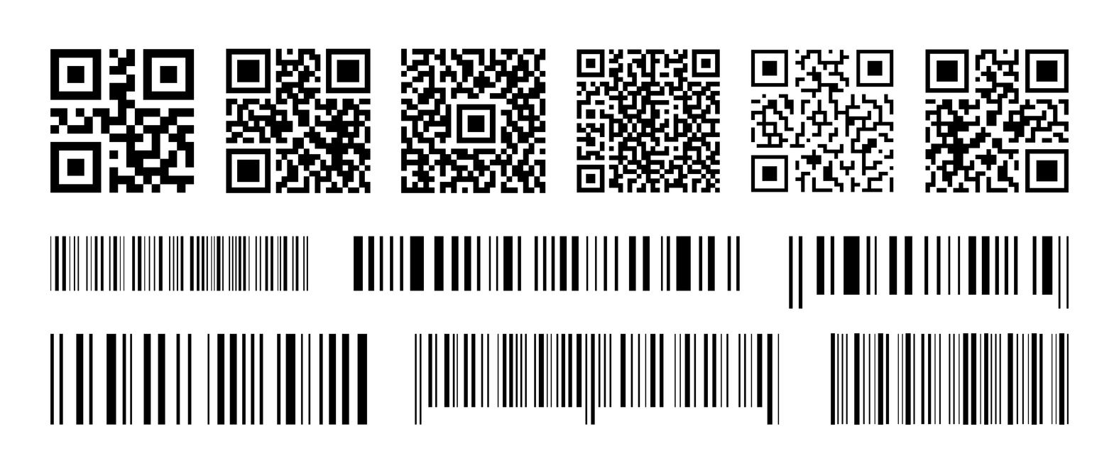 Set of barcodes and QR codes.